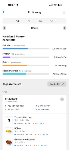 Garmin Connect: Das Food-Logging zeigt übersichtlich etwa die aufgenommenen Proteine. (Bild: Garmin / Screenshot: Golem)